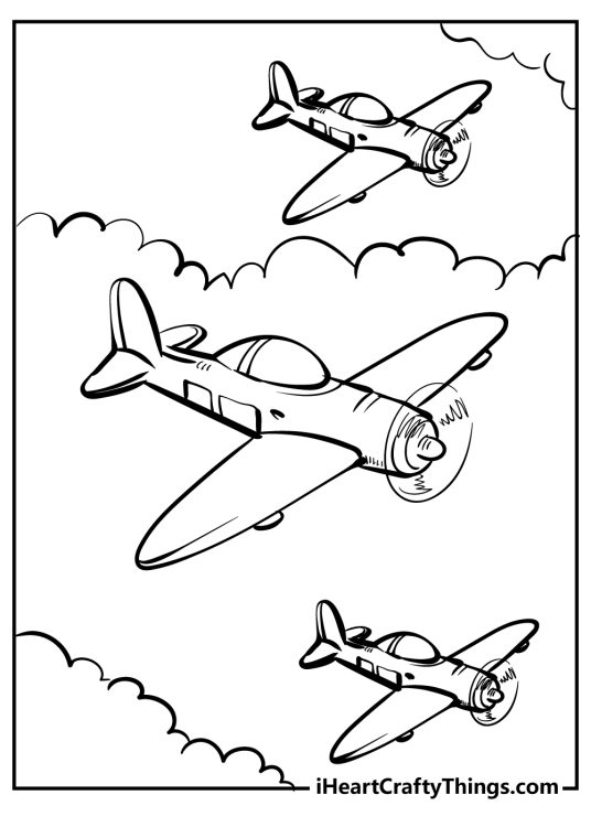 Detailed coloring picture for kids capturing three airplanes soaring through the sky