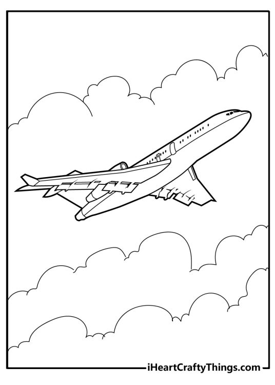 Airplane-themed coloring page for children depicting plane floating among the clouds