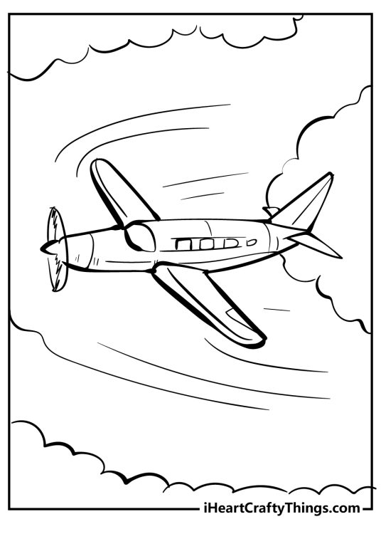 Coloring printable for children depicting an airplane in some turbulence with clouds all around it