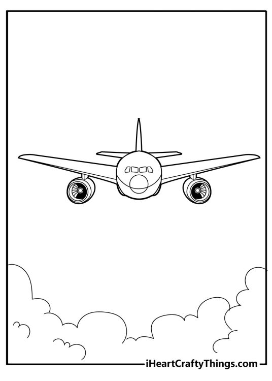 Printable coloring sheet presenting depiction of the front of an airplane crossing the sky