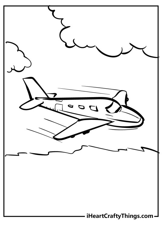 Detailed coloring picture for kids presenting an airplane traveling through the sky at full speed