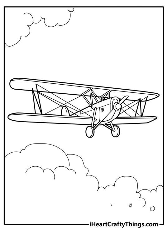 Free to download coloring sheet featuring an antique airplane flying among the clouds