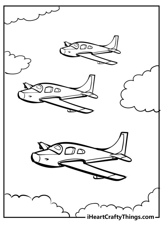 Free coloring sheet for kids depicting three airplanes flying in perfect formation