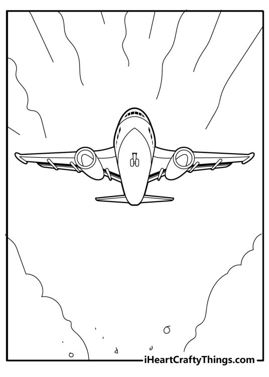 Black-and-white picture for children featuring flying airplane view from the bottom