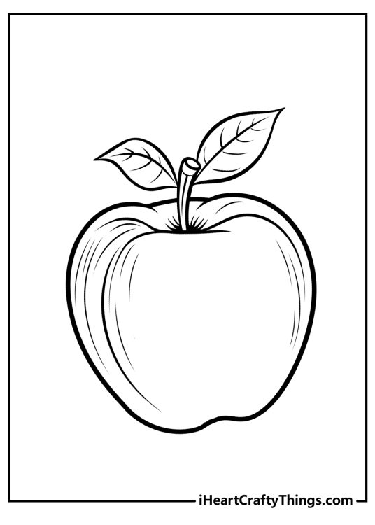 Apple coloring printable featuring a perfectly round and plump apple with two pointed leaves