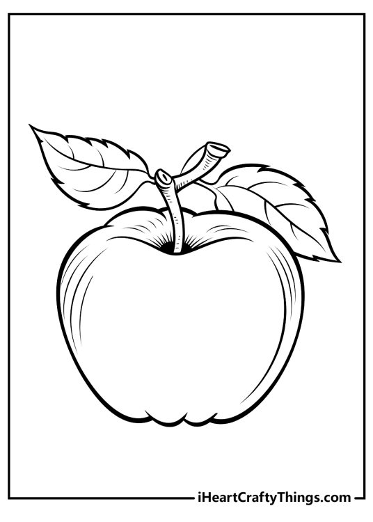 Coloring illustration presenting hihly detailed and big apple with a stem and two leaves