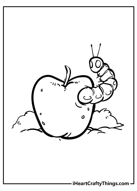 Apple-themed coloring page featuring single apple with a tiny cartoony worm coming out of it