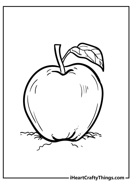 Coloring printable for pre-schoolers presenting realistic apple with a single leaf on its stalk