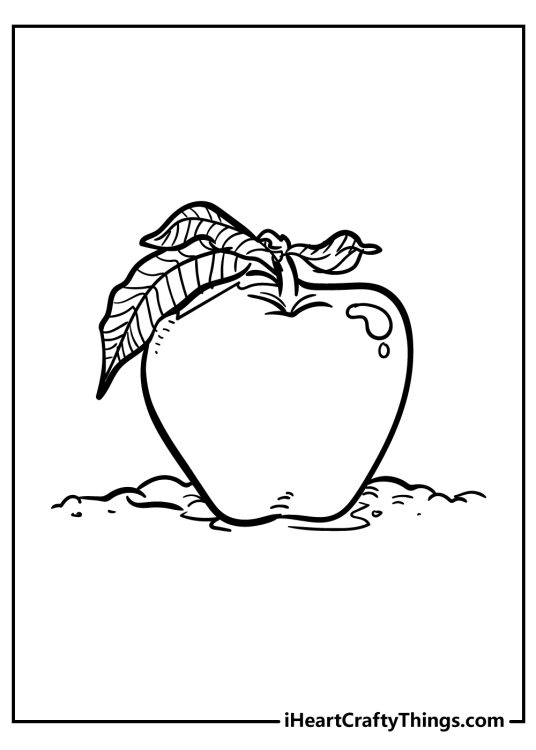 Apple-themed coloring image presenting single realistic apple with three leaves attached to it