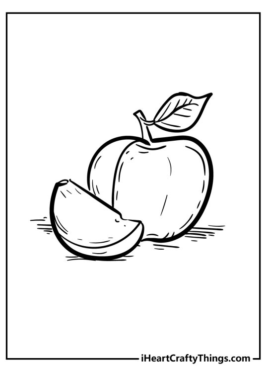 Apple-themed coloring card for kids featuring delicious apple with a slice cut out