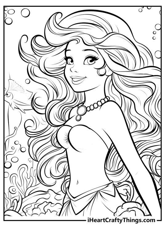 Detailed coloring picture featuring beautiful portrayal of mermaid princess Ariel