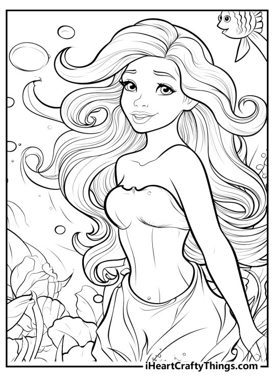 Image of a beautiful mermaid Ariel with long flowing hair surrounded by various sea creatures and plants