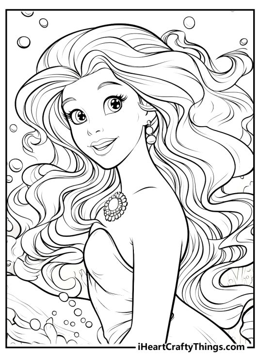 Black-and-white printable page featuring detailed portrayal of beautiful mermaid Ariel with water bubbles all around