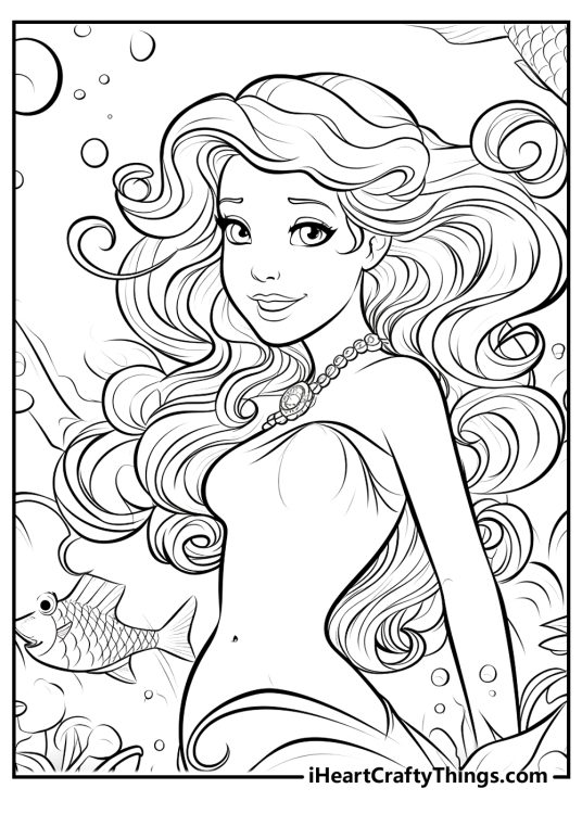 Detailed portrayal of a mermaid Ariel with voluminous wavy locks and bubbles seaweed and fish behind her