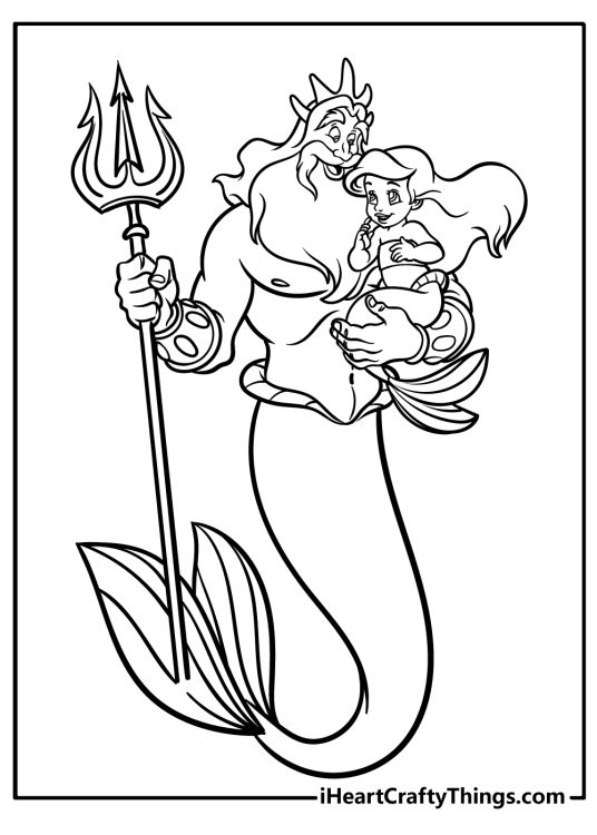 Coloring sheet for kids depicting young version of Ariel with her powerful father Triton