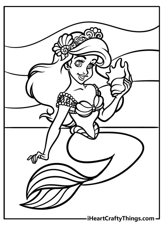 Coloring drawing featuring mermaid Ariel wearing her crown and embellished seashell bra
