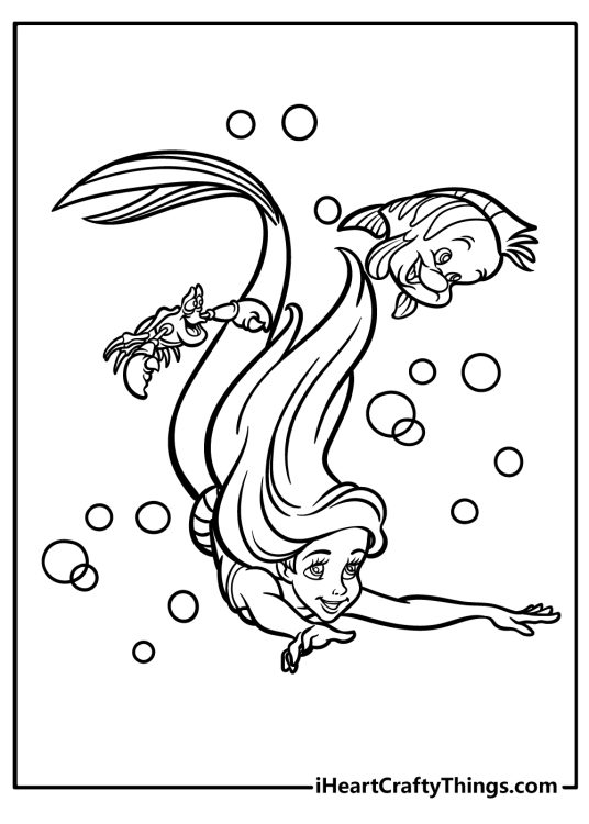 Free printable coloring image presenting friends Ariel Flounder and Sebastian exploring the ocean together