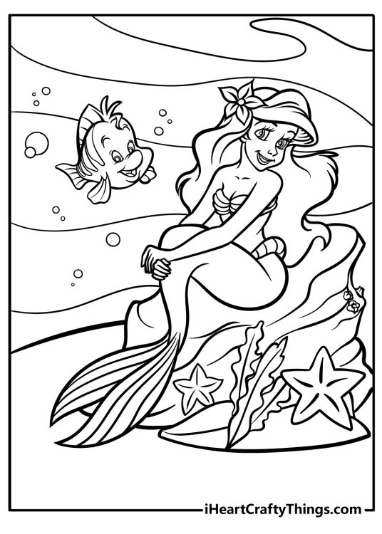 Printable coloring picture presenting happy-looking friends Ariel and Flounder posing underwater