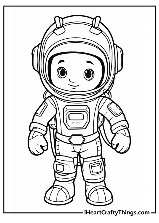 Detailed coloring picture for kids of a happy astronaut in a space suit with clear background