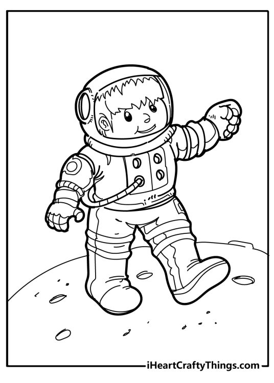 Printable coloring sheet for children capturing happy astronaut exploring the Moon