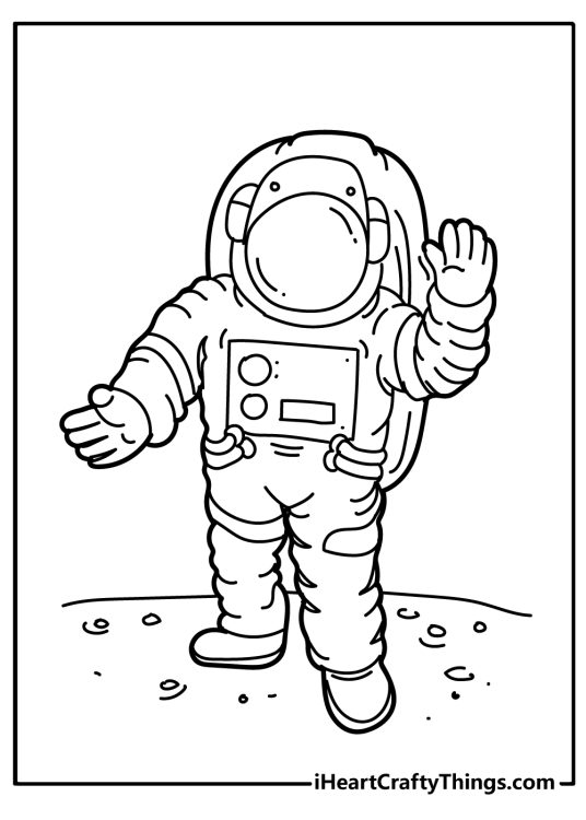 Astronaut-inspired coloring picture presenting an astrounaut in a suit waving to us from the Moon