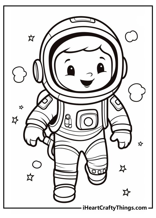 Picture to print and color featuring cheerful young astronaut wearing intricate spacesuit
