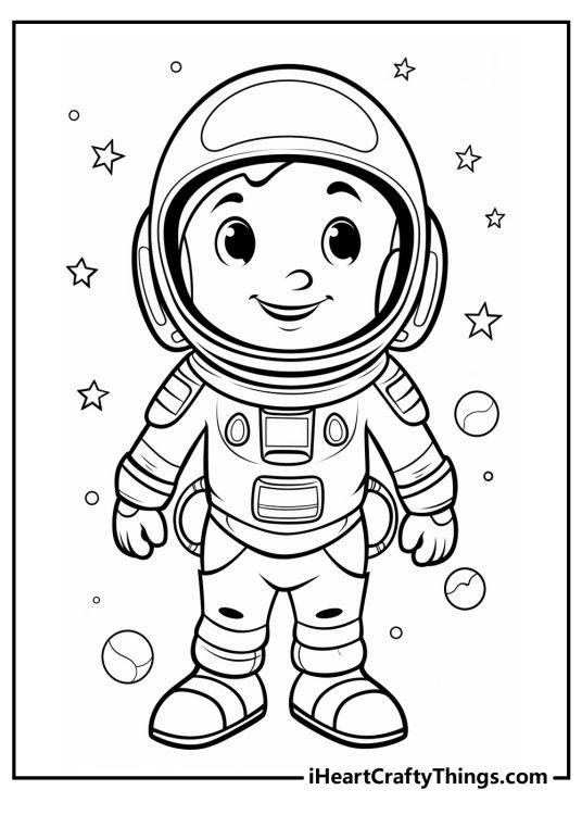 Coloring image of a cartoony astronaut in a suit with stars and planets in the background