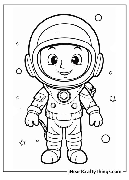 Coloring image of a smiling astronaut in a spacesuit surrounded by stars and small circles
