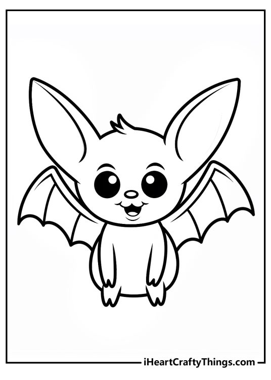 Coloring printable for preschoolers featuring super cute little bat with big ears and small wings