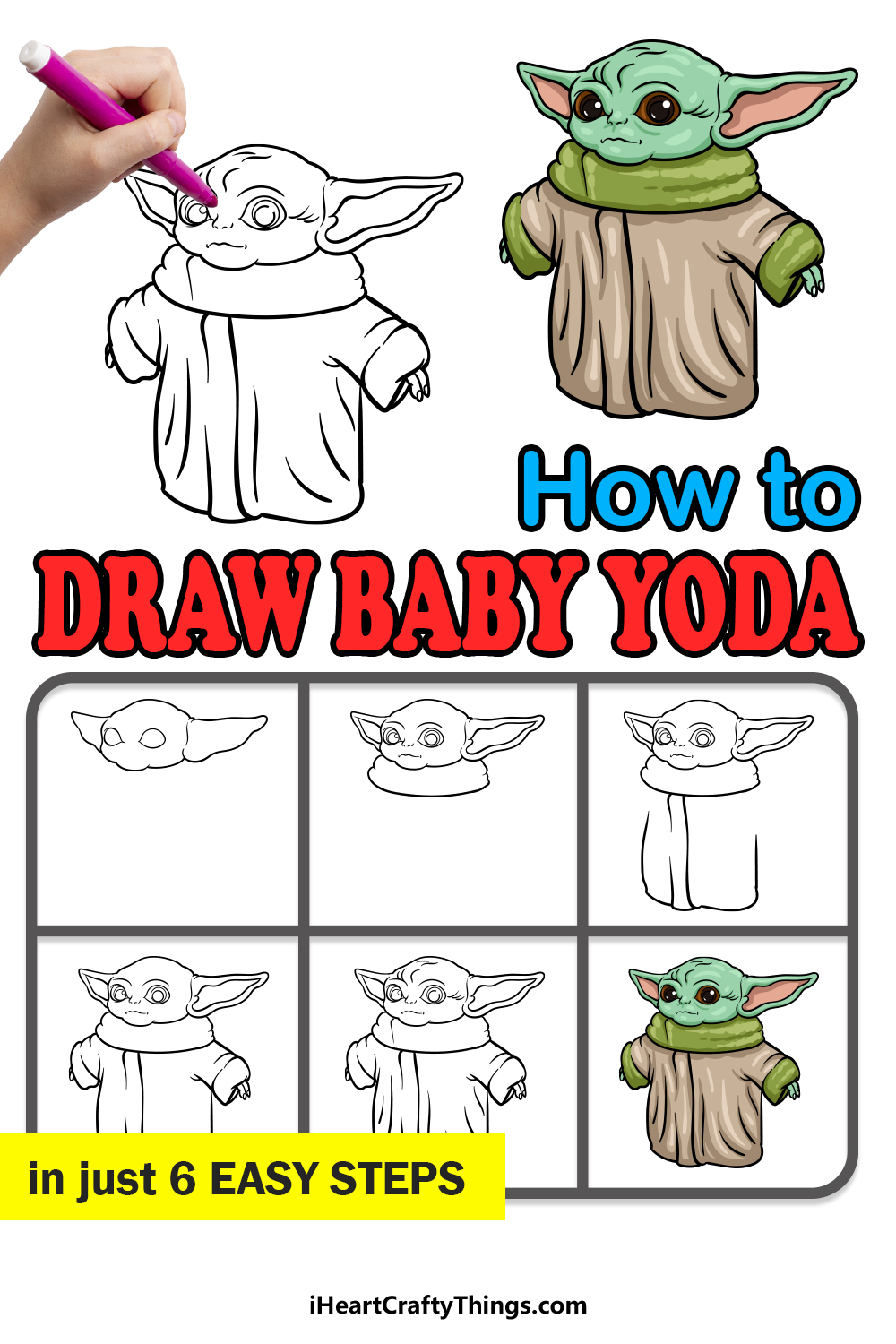 how to draw Baby Yoda in 6 easy steps