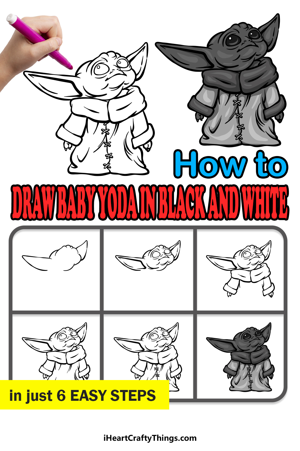 how to draw Baby Yoda in black and white in 6 easy steps