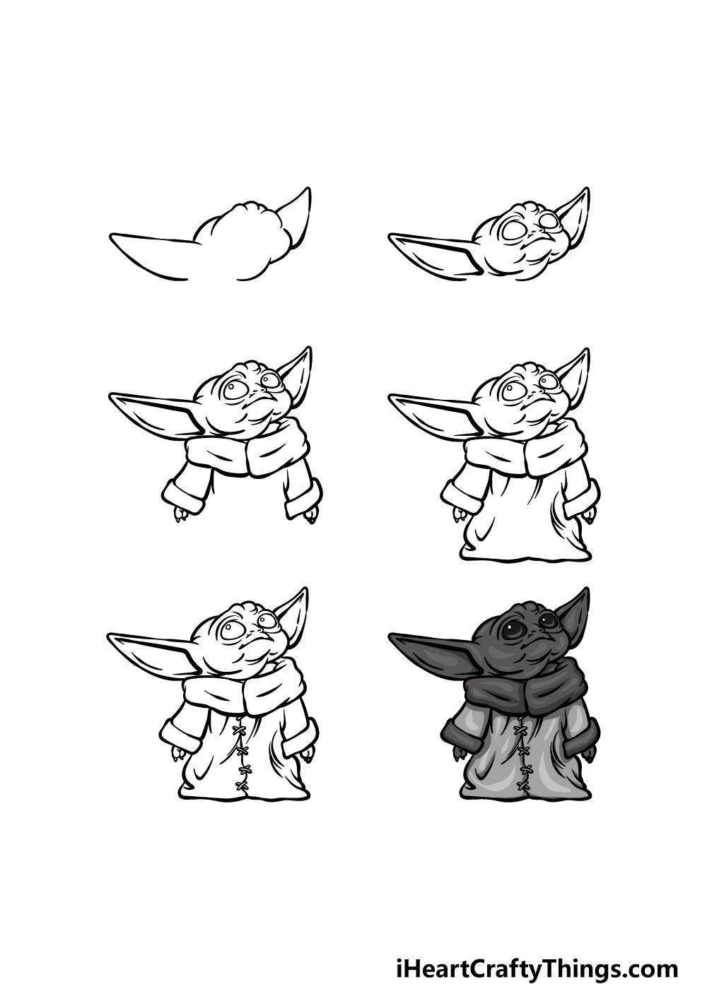 how to draw Baby Yoda in black and white in 6 steps