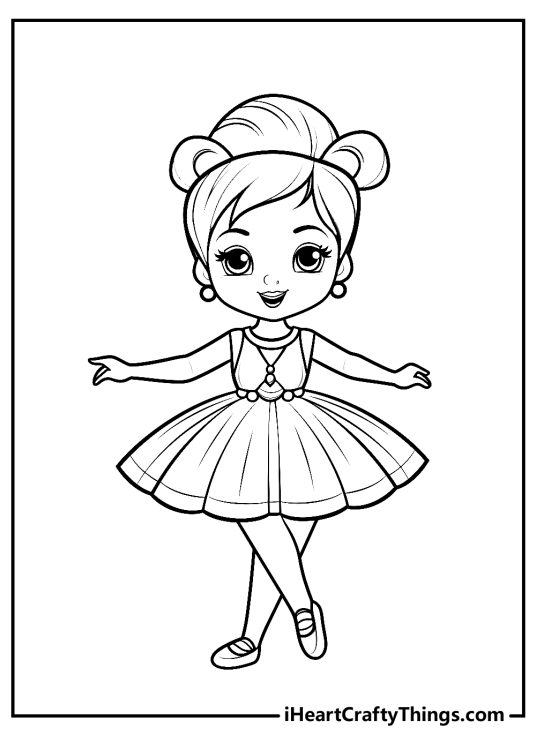 Coloring image of an adorable little ballerina with a happy smile standing on one tiptoe