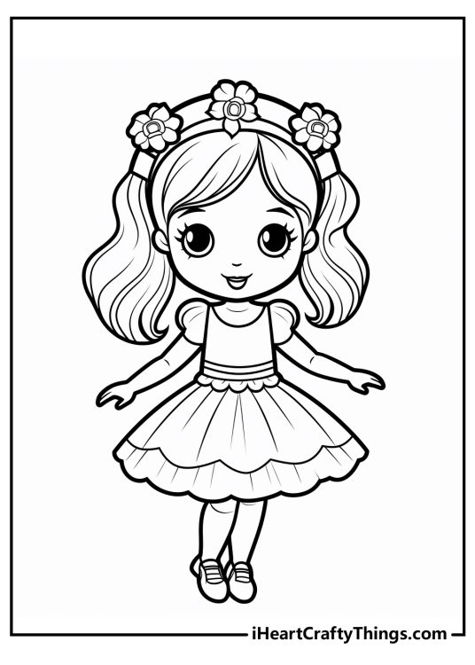 Detailed picture presenting little happy ballerina wearing a dress and a crown made of flowers