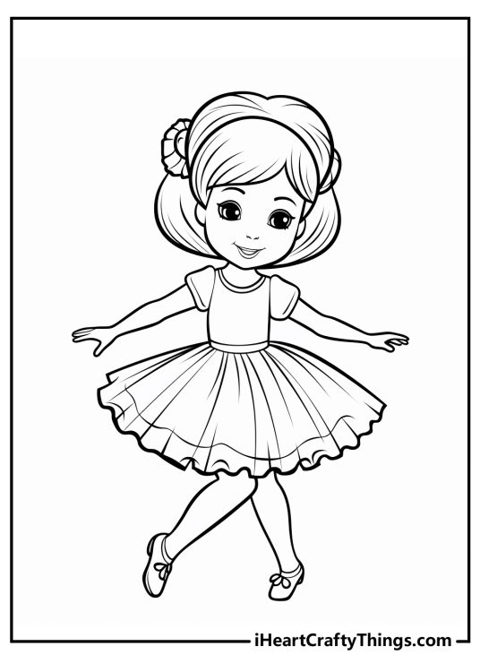 Free printable pdf presenting young ballerina holding her arms gracefully while dancing