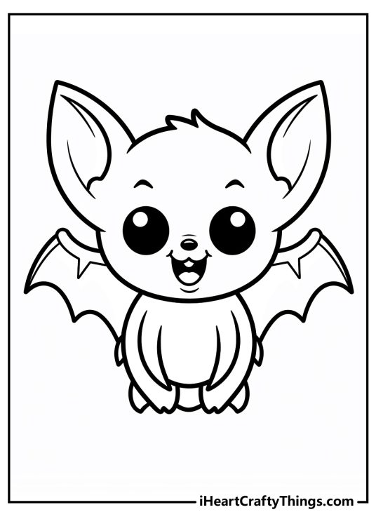 Free printable page of a cute cartoony baby bat with round black eyes, pointy ears and small wings