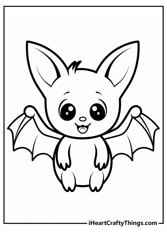 Printable coloring page presenting cheerful baby bat with pointy ears and wings widely spread