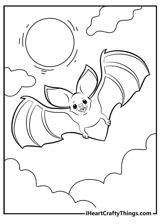 Coloring picture for kids featuring friendly bat taking a stroll under the full moon