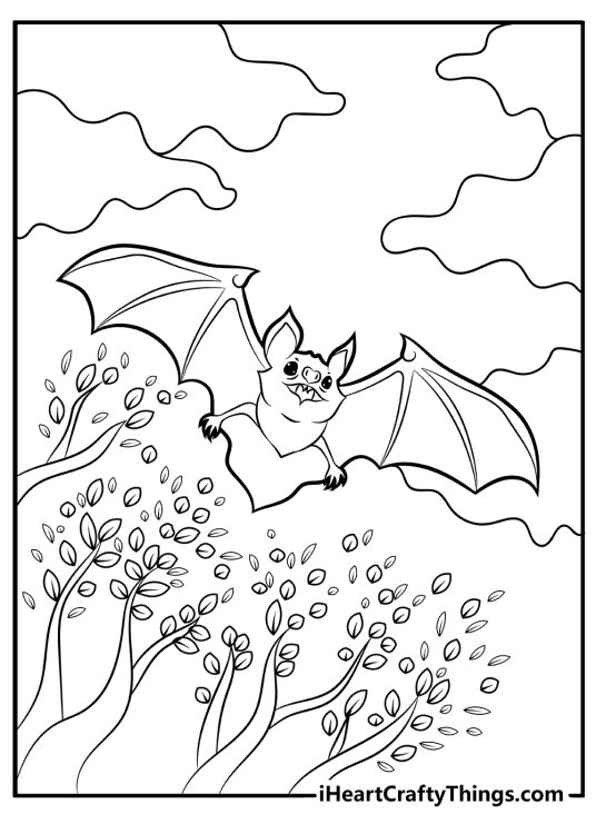 Bat-themed coloring printable for kids showing a bat flying above a field with clouds in the background