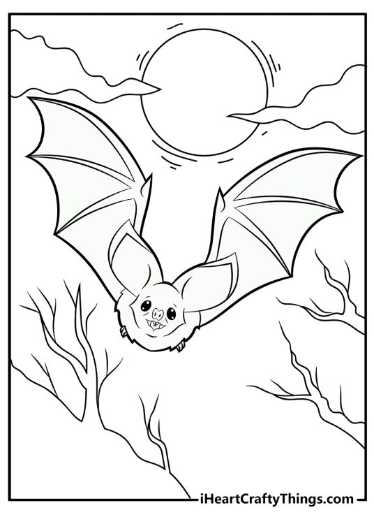 Coloring pdf of a big-eared bat flying around during a full moon night through the spread branches of trees