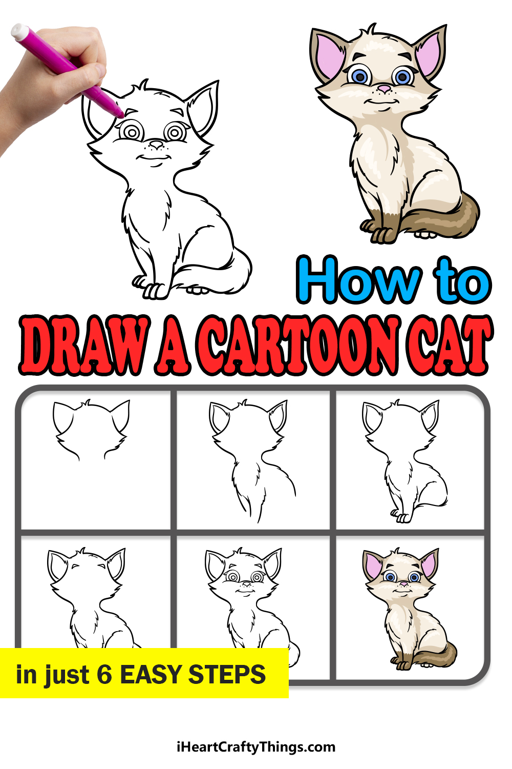how to draw a Cartoon Cat in 6 easy steps