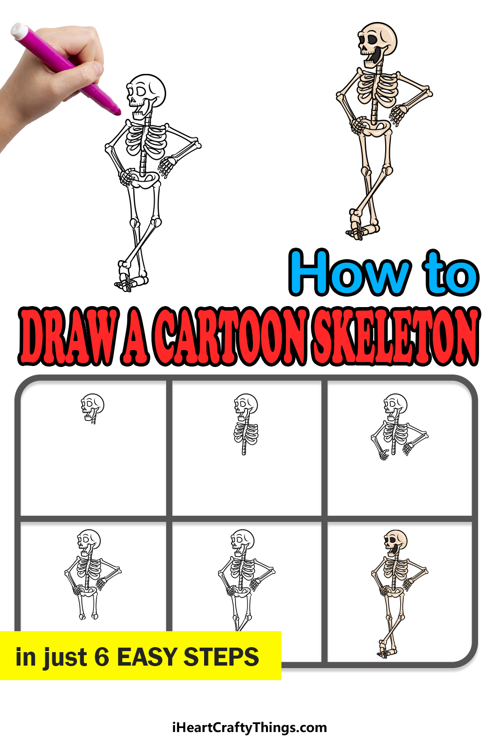 how to draw a Cartoon Skeleton in 6 easy steps