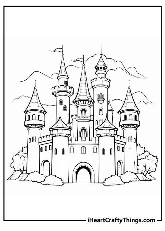 Printable pdf of a large castle with majestic central tower with a dome and a flag and smaller towers on the corners