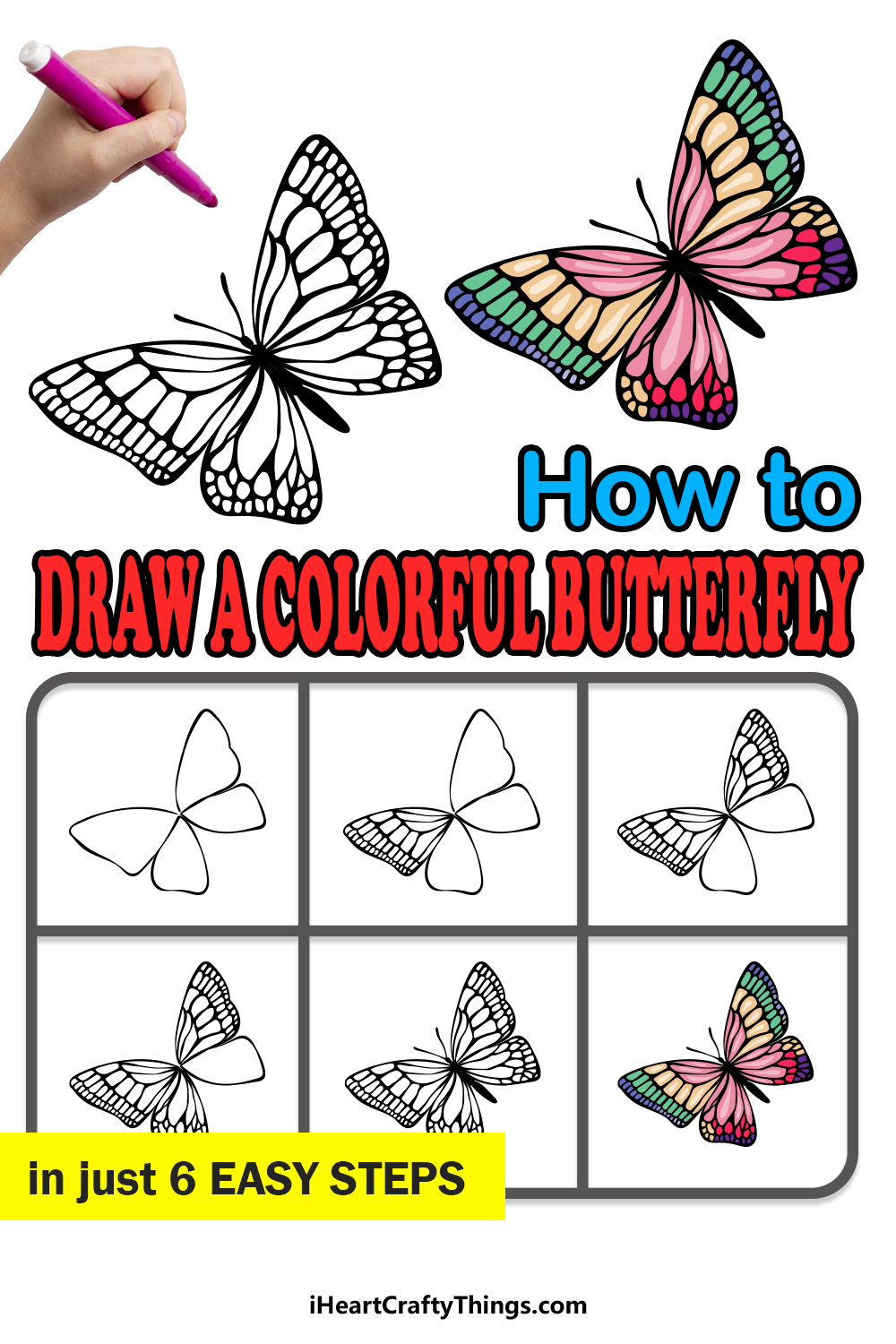 how to draw a Colorful Butterfly in 6 easy steps