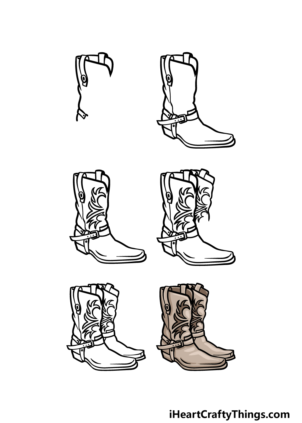 how to draw Cowboy Boots in 6 steps