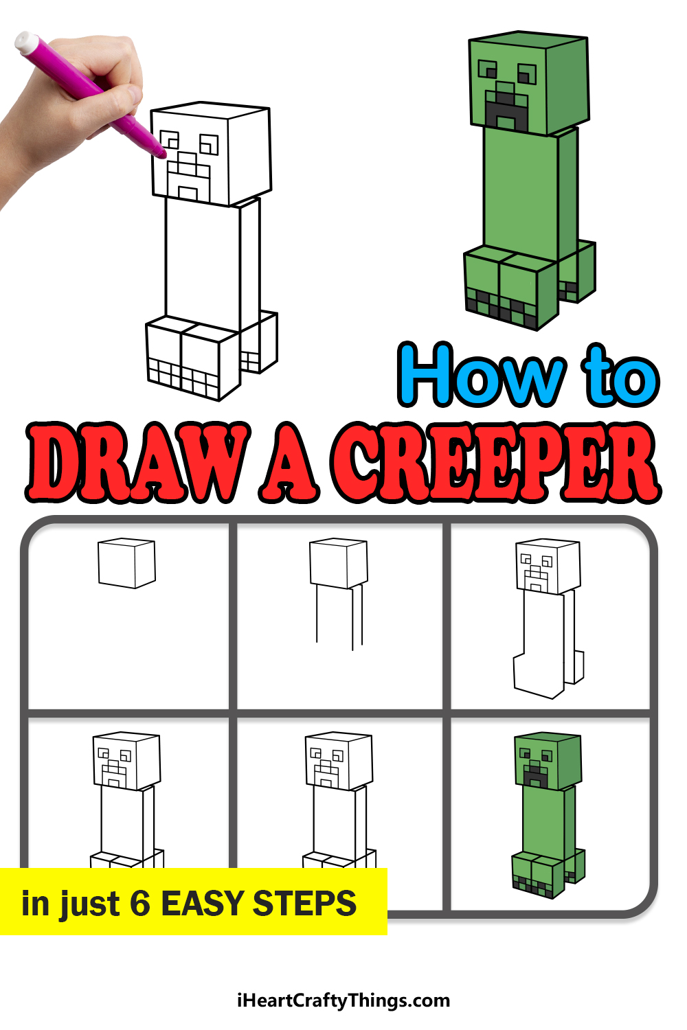 how to draw a creeper in 6 easy steps