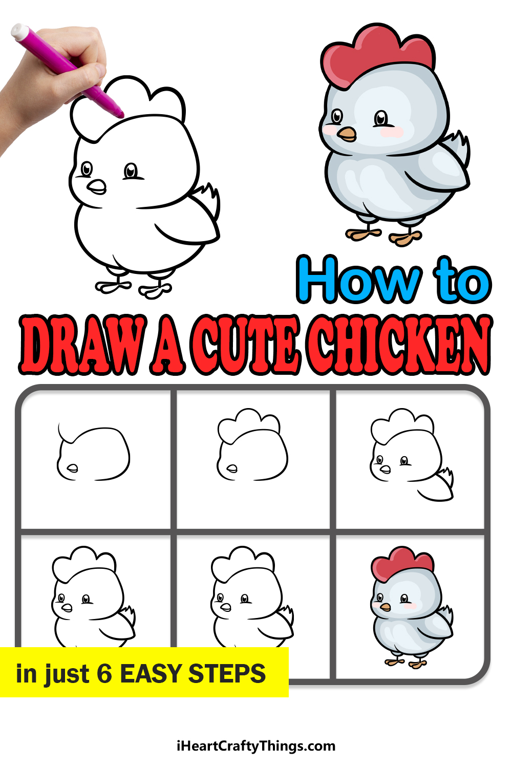 how to draw a Cute Chicken in 6 easy steps
