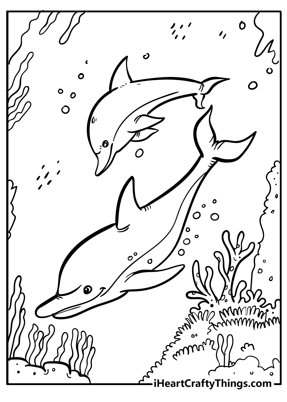 Detailed coloring image for adults featuring two dolphins exploring coral reefs together