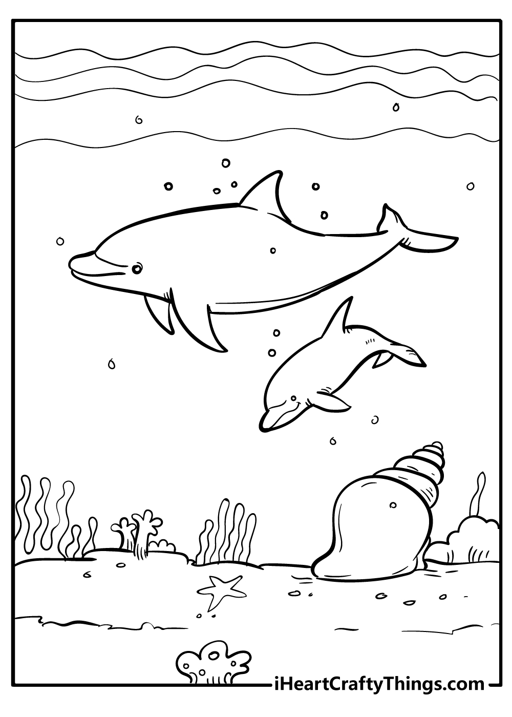 Coloring picture featuring two dolphins swimming together exploring underwater world