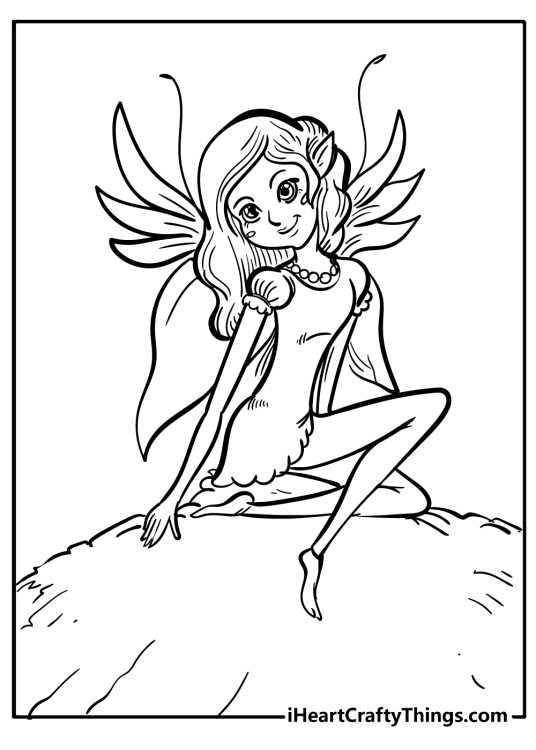Coloring picture featuring sitting fairy with unique wings resembling angel feathers and butterfly wings
